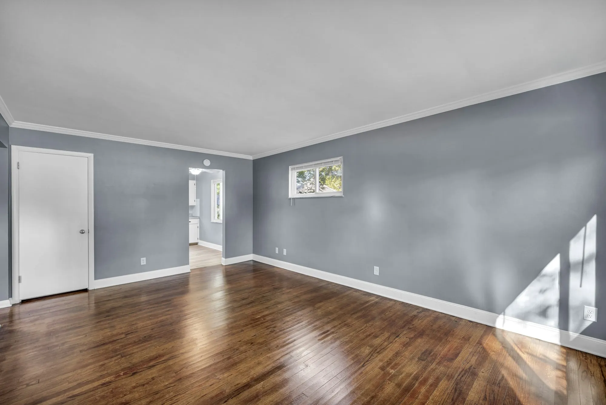 Freshly painted gray room with white trim and doors over hardwood floors